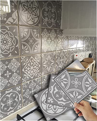 48 Grey Tile Stickers Mosaic Style Tile Stickers Transfers Cover for Kitchen Bathroom Wall Peel n Stick Decals (6- 48 Stickers)