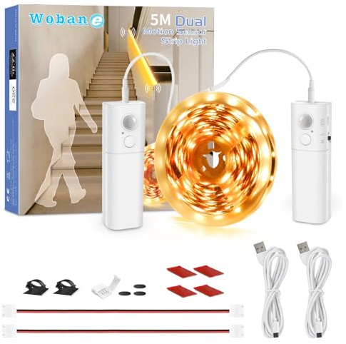 WOBANE 5m Dual Motion Sensor LED Strip Lights, USB Rechargeable Warm White | 2×2000mAh battery, Wireless, Self-adhesive backing, Magnetic battery box, Cuttable, For stairs, beds & wardrobes