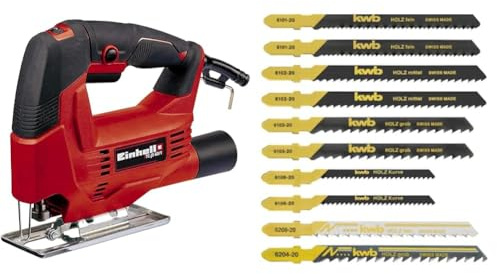 Einhell Stichsäge TC-JS 60/1 (vibrationsarm, Drehzahlelelektronik, werkzeugloser Sägeblattwechsel, Sägeschuh für Gehrungsschnitte bis 45° Grad, inkl. Stich-Sägeblatt Box 10-tlg)