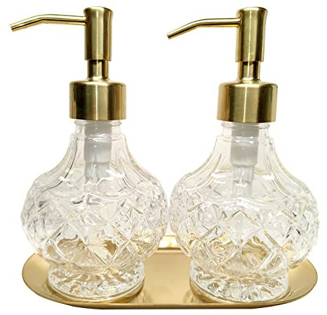 Kollong Glass Soap Dispenser with Pump and Stainless Steel Tray.Vintage Soap Dispenser Bathroom & Kitchen Set w. Dish Soap, Hand Soap, Lotion Dispenser