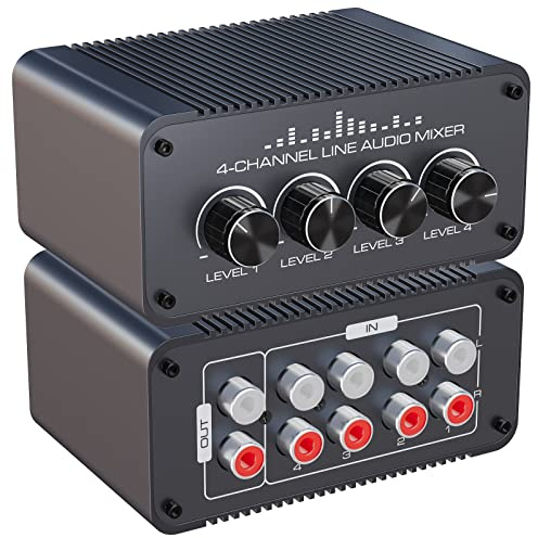 VEDINDUST 4-Channel Audio Mixer con Ingresso e Uscita RCA a Bassissimo Rumore per il Mixaggio Controlli di Volume Separati Per amplificatori, altoparlanti, PC, TV, console, lettori CD