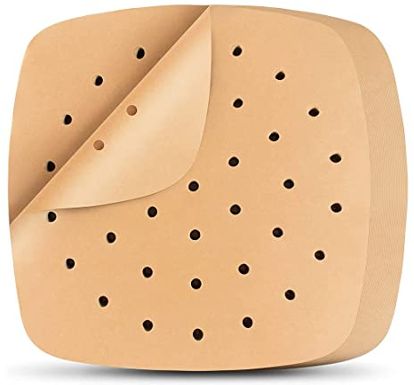 50 stycken luftfritöspapper, bakpapper, 18 x 18 cm, bakpapper för varmluftsfritös, perforerad luftfritös bakplåtspapper för bambuångångkokare, airfryer-foder (träfärg)
