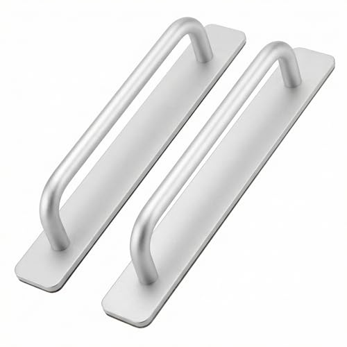 QWORK 2 st dörrhandtag självhäftande aluminiumlegering tryck-drag dörrhandtag skjutdörrhandtag ingen borrning för grind skåp toalettskåp garage skjul lada, 210 x 25 mm, WD9690