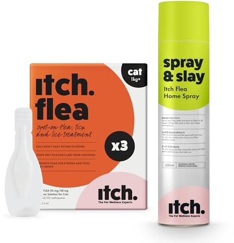 Itch - Flea & Tick Treatment for Cats & Household Flea Spray - Kills Fleas, Lice, Ticks, Eggs and Larvae - With Fipronil and S-Methoprene - Odourless 500ml Spray & Pack of 3 Pipettes