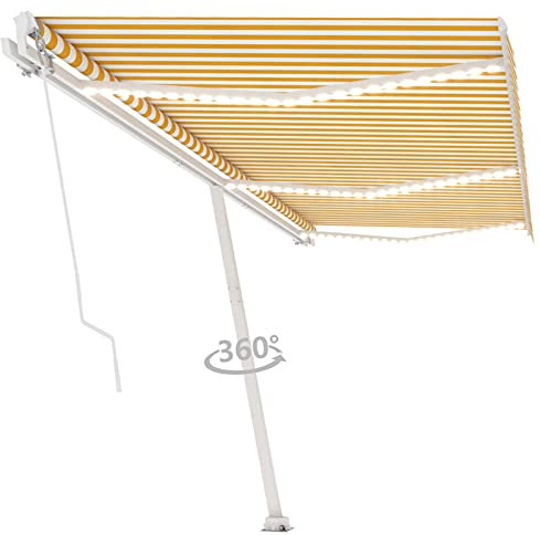 Gelenkarmmarkise Einziehbar mit LED, CIADAZ Sichtschutz Balkon, Seitenmarkise, Balkon Markise, Klemmmarkise, Sonnenvorhang, Balkonmarkisen, 600x350 cm Gelb und Weiß