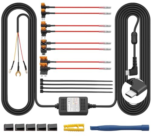 AMTOVL Kit de Cableado de Cámara de Tablero Dash CAM Hardwire Kit 11.5pies/3.5m Kit de Cable USB Tipo C 12V-24V a 5V Protección de Bajo Voltaje Kit de Cable Duro con Add a Circuit Fusibles