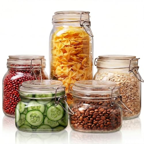 Multi Size - 5 Pack Square Glass Jars with Airtight Lid, Wide Mouth Mason Jars with Clamp Lids, Air Tight Glass Canisters, Best Food Storage Containers for Cereal, Pasta, Rice, Sugar, Coffee, Spice