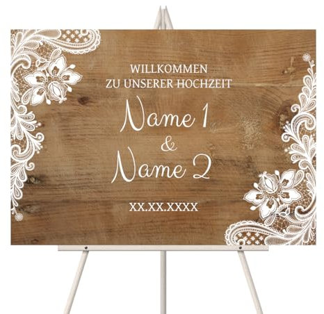 Personalisiertes Willkommensschild zur Hochzeit aus echtem Holz - Größe wählbar: DIN A3, A2 oder A1 - Rustikal Design - mit intensivem UV-Druck mit Ihren Namen, Datum und Text, 3mm Dick