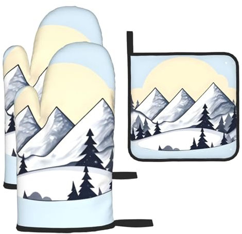 Set di 3 guanti e presine con montagne bianche innevate e presine, per cucinare e grigliare, regalo di Natale per la festa della mamma