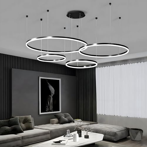 WayLuoung Metall LED Kronleuchter | 4 Kreise 40+60+80+100cm | 120W Rings Deckenhängelampe, Dimmbare Fernbedienung 3000–6000K, Acryl Schirm Pendelleuchte, Wohnzimmer Schlafzimmer Esszimmer【Schwarz】