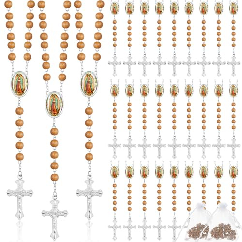 Taiyin 36 Pcs Wooden Bead Rosary Necklace with Crucifix and Our Lady of Guadalupe Scented First Communion Rosary with 36 Organza Bags Baptism Favors Catholic Gift for Men Women (Wood)