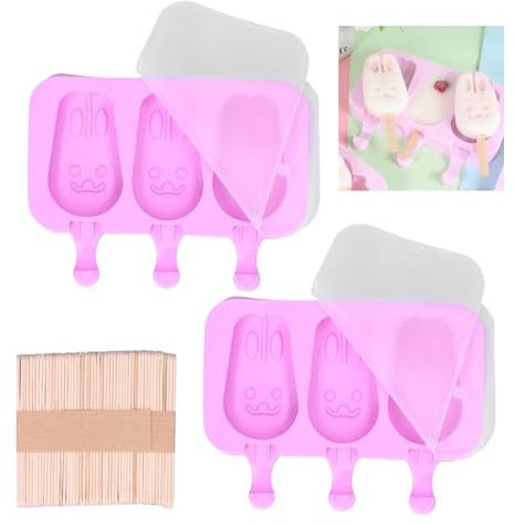 Moldes para Helados de Silicona Grado Alimenticio - Forma de Conejo con 3 Rejillas y 100 Palitos de Madera, Molde para Paletas Caseras Sin BPA, Fácil Desmolde para Postres y Repostería
