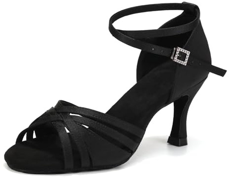 YCALCP Tanzschuhe Damen Latein Satin Professionelle Salsa Bachata Ballsaal Standard Tanzschuhe Performance Schuhe,L3049-Schwarz-7.5cm,EU 39