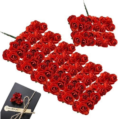 144 Pcs Artificial Mini Fake Rose Flower, Handmade Small Paper Flowers for Crafts Wedding Bouquet Mini Paper Flowers with Stems for DIY Crafts Gift Wreath Scrapbooking HairClips Decoration(Red)