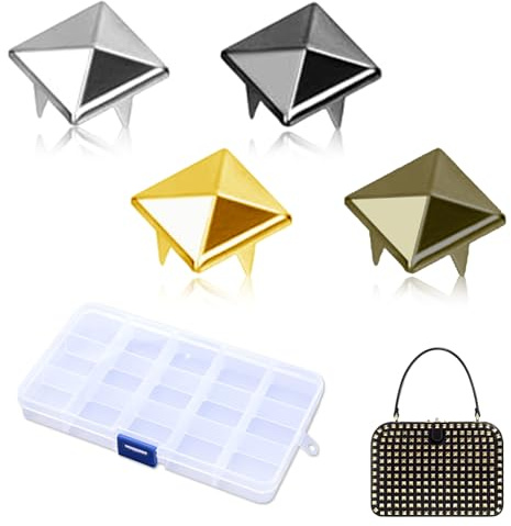 KUBDPQOR Nieten, 200 Stück Quadratische Nieten Metall, Vierzackige Leder Nieten, Stylisches Punk Ziernieten, Einfache Installation, Quadratisches Pyramidendesign, Ideal für DIY Lederhandwerk(4 Farben)