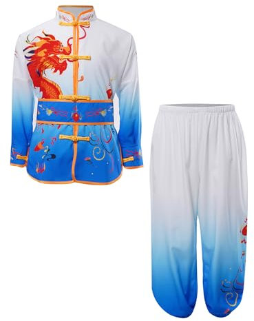 Kaerm Barn flickor pojkar traditionell kinesisk Kung Fu Tai Chi uniform långärmad topp med byxor klassisk tang stil kampsport tävling träningsoverall, blå, 134-140