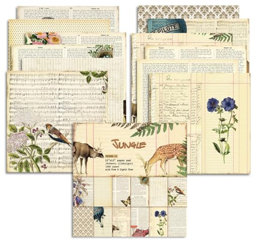 Scrapbook Papier Vintage Decoupage Papiere Block, 30,5x30,5 cm Einseitiges Scrapbooking Papier Dekorpapier, 12 Muster 24 Blatt Scrapbook Bastelpapier für Journal Scrapbooking, DIY Kartenherstellung