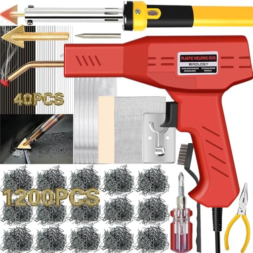 Wrdlosy 220W Plastic Welder, 1200PCS Staples 40PCS Rods Plastic Welding Kit, 5 in 1 Welding Tips Tape Sandpaper Wire Mesh Stand Metal Brush Screwdriver Plastic Welder Kit Bumper Repair Kit (Red)