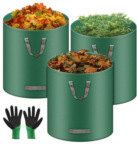 3X 272L Sacchetti per Rifiuti da Giardino, Guanti Inclusi, Sacchi da Giardinaggio, Borsa da Giardino Pieghevole con Maniglie per Il Trasporto, Antistrappo, Idrorepellente, per Foglie, Rifiuti Verdi