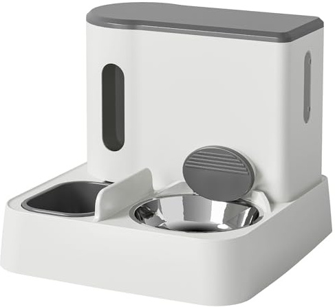 PIDUDU Auto Gravity Cat Feeder and Water Dispenser,2 in 1 Gravity Pet Waterer Detachable Stainless Steel Food Bowls Set for Indoor Outdoor Cats Easy Clean (Grey)