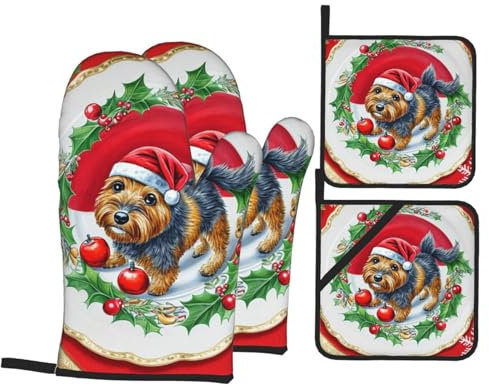 Ofenhandschuhe und Topflappen-Set, Weihnachtskranz, Hunde, hitzebeständig, Küchen-Backhandschuhe, rutschfeste Oberfläche zum Kochen, Backen, Grillen, Grillen
