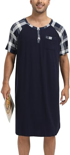 Enjoyoself Chemise de Nuit Homme Hauts de Pyjama Tee-Shirt Longueur Genou Col V avec Boutons Manches Courtes Vêtements d'Intérieur Douce Confortable Grande Taille M-4XL