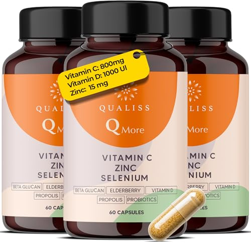 Qualiss® 3 Stück Vitamin C | Immunsystem stärken Erwachsene | Vitamin D & Zink | Probiotika | Metabolism Support | 180 Kapseln | Acht Inhaltsstoffe in einer Kapsel