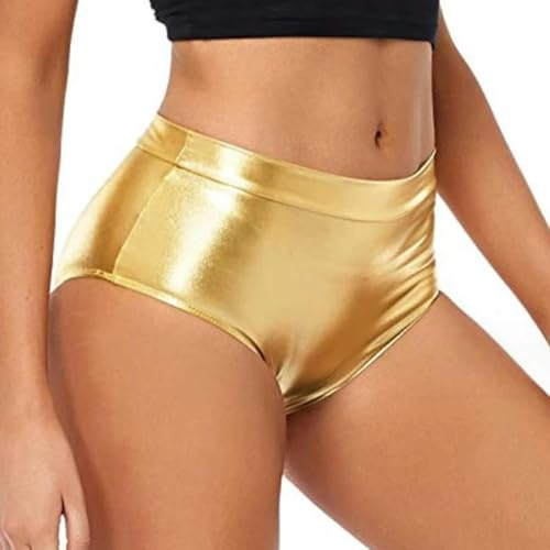 QIANGYTHENKO Short de gymnastique pour femme - Pour festival de musique - Culotte brillante - Pour pole dance - Clubwear métallique, doré, S