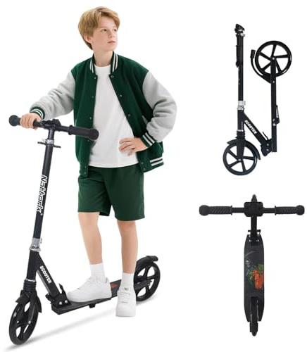 Nattork Kick Scooter for Kids 6+ Years Teens Adults - 240LB Weight Capacity, Front Shock Absorber and Adjustable Handlebar - Smooth Ride with 8 Sturdy Wheels, Ideal for Outdoor Sports Black