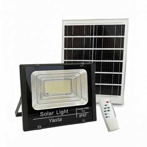 YASTA Faretto LED da Esterno Solare 400W PRO Luce Fredda IP67 e Telecomando | Faro da Giardino Alta Luminosità, Pannello Solare, Sensore Crepuscolare, Indicatore di Carica, Illuminazione Garage e Cortile