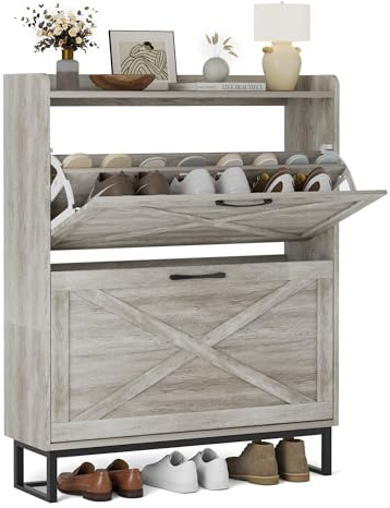 BonVache Schuhschrank schmal, Schuhkipper mit 2 Klappen, Schuhregal mit 4 Ablageflächen für Flur, Schuhkommode mit Metallfüßen, Schuhaufbewahrung Holz, 80x23,8x101,7 cm, Grau