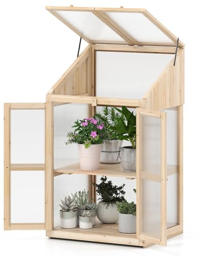 GOPLUS Invernadero con Marco de Madera, Invernadero de 2 Niveles con Techo Abatible, 2 Estantes Extraíbles, Puerta Doble Bloqueable con Pomos, Armario de Cultivo de Plantas para Jardín, Balcón
