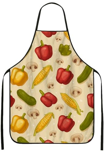 Delantal de verduras para cocinar, diseño colorido de pimientos morrones y maíz, delantal de cocina para adultos, textura de lino culinario de verano Washa, Con color, 24x31 Inch