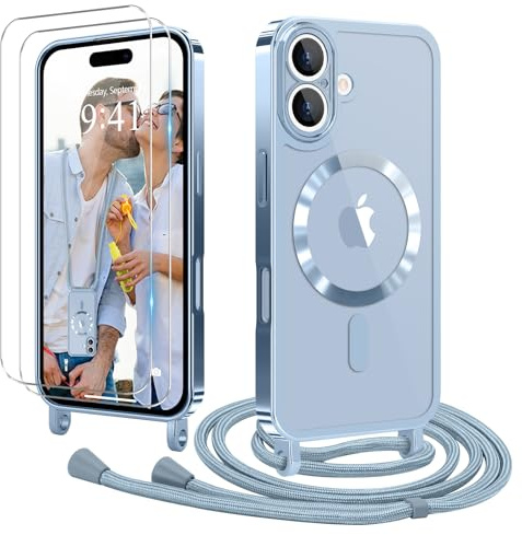 Ethanger für iPhone 17 Hülle mit Band + 2 Schutzfolie, Blau | Handyband Transparent Silikon Handyhülle, Magnetische Schutzhülle Case zum Umhängen Kordel