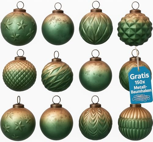 Weihnachtskugeln Glas 12er Set – Premium Christbaumkugeln 8 cm Handbemalt Glaskugeln für Weihnachtsbaum Adventskranz Inkl. 150 Metall-Baumhaken - Bronze-grün 00203