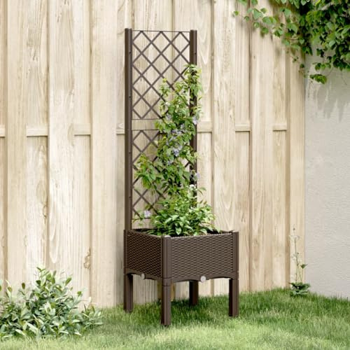 HaoChrymec Jardinière avec Treillis,Pot de Fleurs Extérieur en Polypropylène,Design Rotin avec Support Intégré,Jardiniere Treillis pour Plantes Grimpantes,Couleur Marron,40x40x142 cm