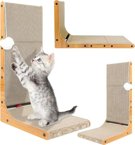Rascador para gatos, 68 cm de alto, vertical, en forma de L, tabla rascador de cartón con bola de hierba gatera y bola de juego para gatos domésticos y gatitos