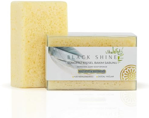 Black Shine Naturschwammseife mit Ziegenmilch – Bio-Peelingseife für Körper & Gesicht – türkische Hammam-Pflege, natürlicher integrierter Schwamm, weiche & feuchtigkeitsspendende Seife,(4 Stück)