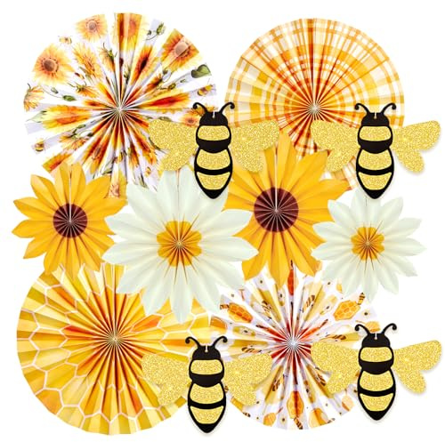 SUNBEAUTY 12Pcs Sunflower Birthday Party Decorations Paper Fan with Bees | Yellow White Sun Flower Wall Hanging Decorations for Baby Shower Summer Garden Party Classroom Bulletin Board Decoration