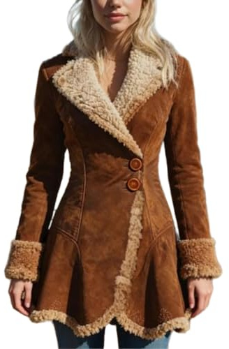ORANDESIGNE Fellmantel Damen Kunstfell Jacke Wildledermantel Vintage Jacke Langer Wintermantel im 70Er Jahre Stil D Braun M