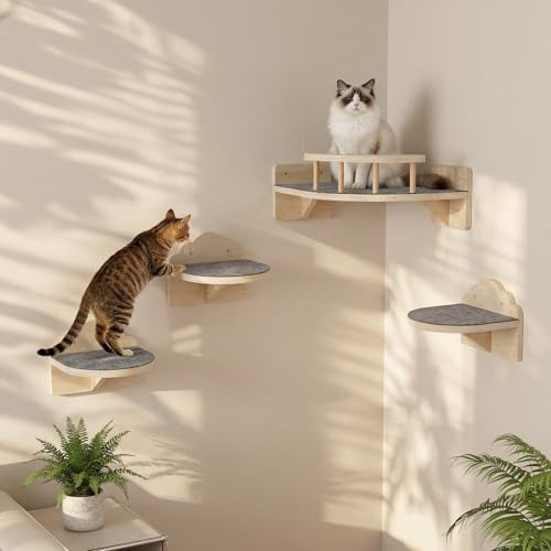 Kletterwand Katzen Katzen Wandelemente aus Holz mit Matte und 3 Stufen Kratzbaum Wand Katzentreppe Hängematte Katzenbett für Schlafen, Ausruhen, Klettern und Spielen im Innenbereich