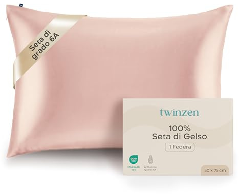 Twinzen Funda de Almohada 100% Seda 50 x 75 cm (22 Momme Seda de Morera Grado 6A) Certificado Oeko-Tex - Lujo para el Cabello y la Piel, 1 Unidad Rosa