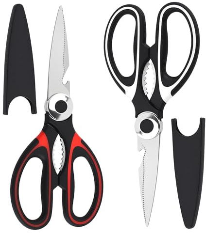 Heavy Duty Kitchen Scissors, Kitchen Shears with Safety Cover & Soft Grip | Sharp Shears, for Meat Vegetables Cooking, Multi-Functional Nut Cracker, Bottle Opener, Fish Scaler - 2 Pack 8.2