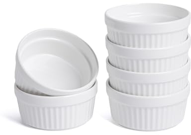 KITCHENLESTAR 3 oz Ramekins Set of 6, Oven Safe Porcelain Ramekin Bowls for Creme Brulee, Souffle & Custard, Dessert Cups & Dipping Sauce Dishes, Stackable, Soft White