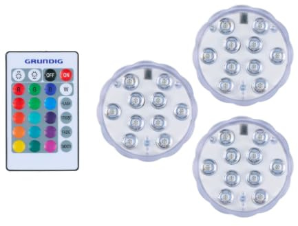 Grundig Kabelloser LED Strahler 3er Set - Spot mit Fernbedienung - RGB Beleuchtung mit Farbwechsel - Wasserdicht IP65 - Batterie Lampe - 7 x 7 x 2,8 cm