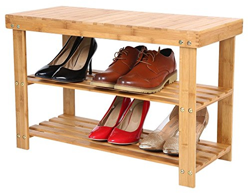 BAKAJI Panca Scaffale Scarpiera Portascarpe Casa Multiuso 2 Scaffali Legno di Bambu Dimensione 70x28x45cm Colore Bamboo Naturale (Seduta Normale)