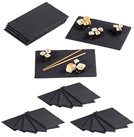Relaxdays Set de 24 Platos de Pizarra, Bandejas para Servir Comida, 30 x 20 cm, Grandes, Antracita