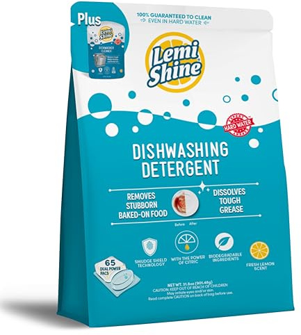 Lemi Shine Lot de 65 dosettes de détergent naturel pour lave-vaisselle avec pochette de nettoyage pour lave-vaisselle – Fournitures de nettoyage écologiques – 901,5 g