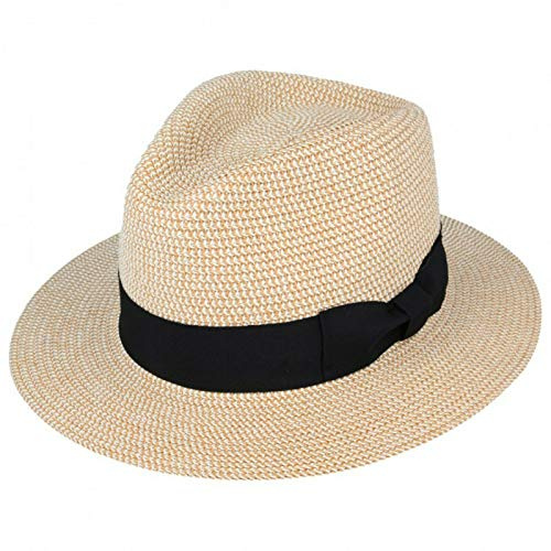 UK-UNIQUE Unisex Paper Straw Crushable Foldable Summer Panama Fedora HAT with Band and Adjustable Sweatband (Small 55 cm, Natural with Feather)
