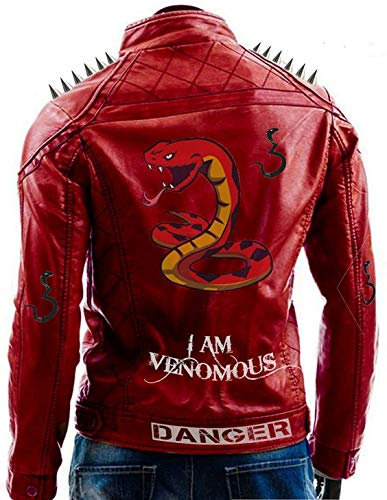 HiFacon Herren-Bikerjacke I am Venomous, Motiv: Last Bite Last Breath Serpents, Nieten, Spikes, Rot, Brando, Vintage, Motorrad, Retro, Biker, Lederoberbekleidung, Rot – Jacke mit Nieten, XXL